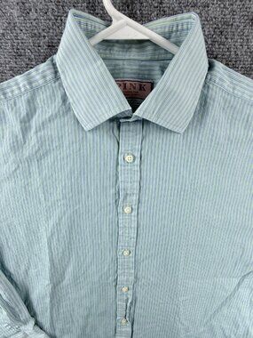 Thomas Pink Blue Green All Cotton Striped 16 34.5 British Button Up Shirt Men